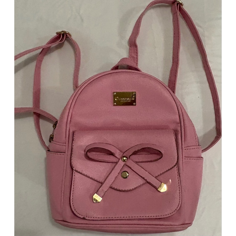 Pink Faux Leather Mini Backpack with Bow Accent and Gold Tone Hardware